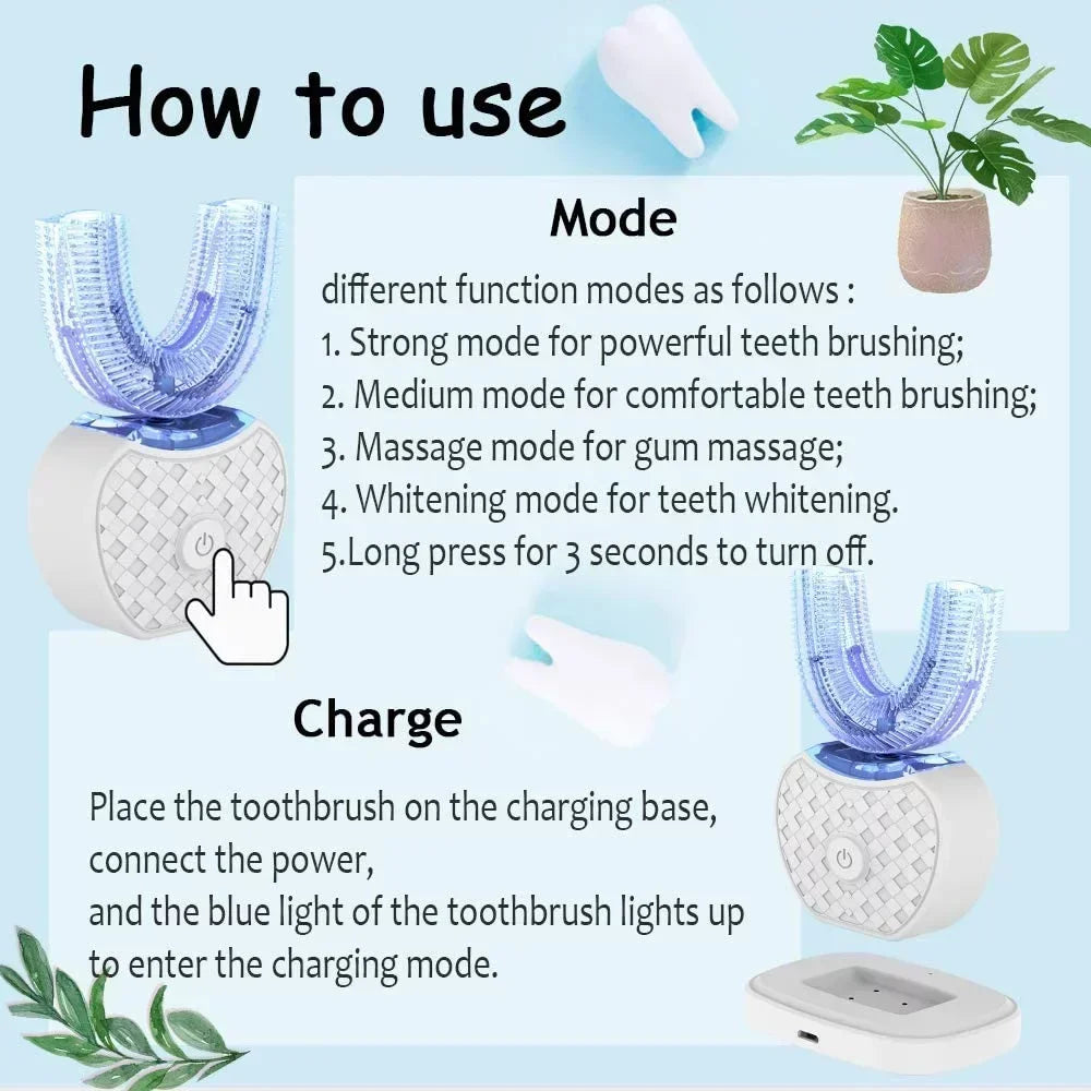 Silicone Mouthpiece Electric Toothbrush for Adults with U-Shaped Head, Three Modes, Rechargeable Handle and Charger for Everyday Oral Care