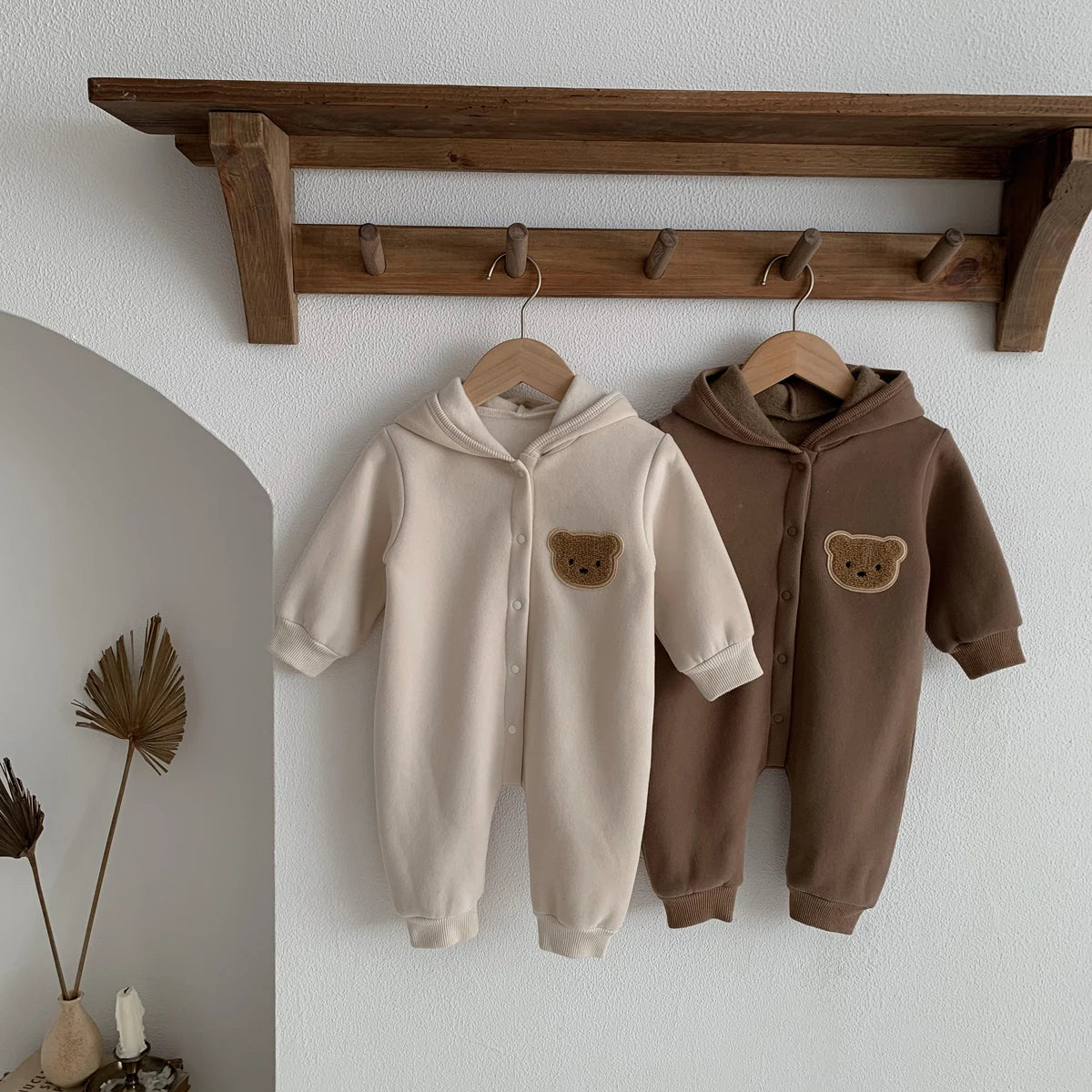 Baby Hooded Snap Front Jumpsuit with Bear Patch, Long Sleeve One-Piece Outfit in Coffee or Beige for Boys and Girls, Sizes 3M-18M