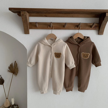 Baby Hooded Snap Front Jumpsuit with Bear Patch, Long Sleeve One-Piece Outfit in Coffee or Beige for Boys and Girls, Sizes 3M-18M