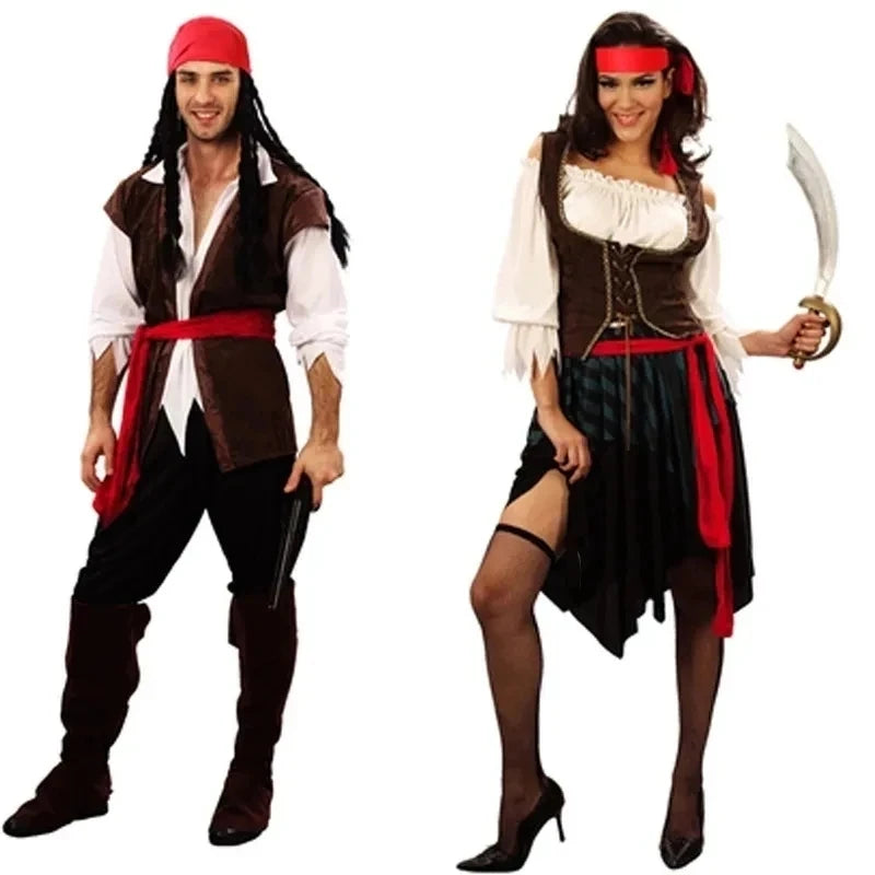 Pirate Captain Cosplay Outfit for Adults, Men’s Pants or Women’s Skirt Costume with Head Scarf and Vest for Halloween and Carnival
