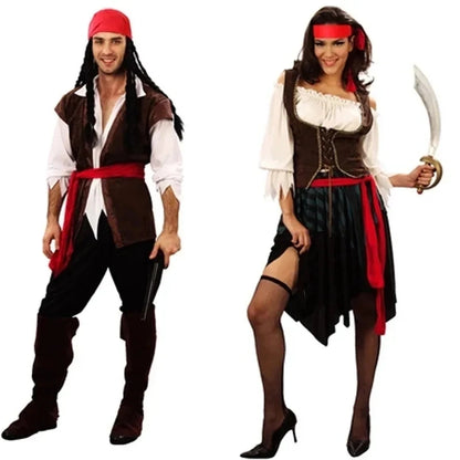 Pirate Captain Cosplay Outfit for Adults, Men’s Pants or Women’s Skirt Costume with Head Scarf and Vest for Halloween and Carnival
