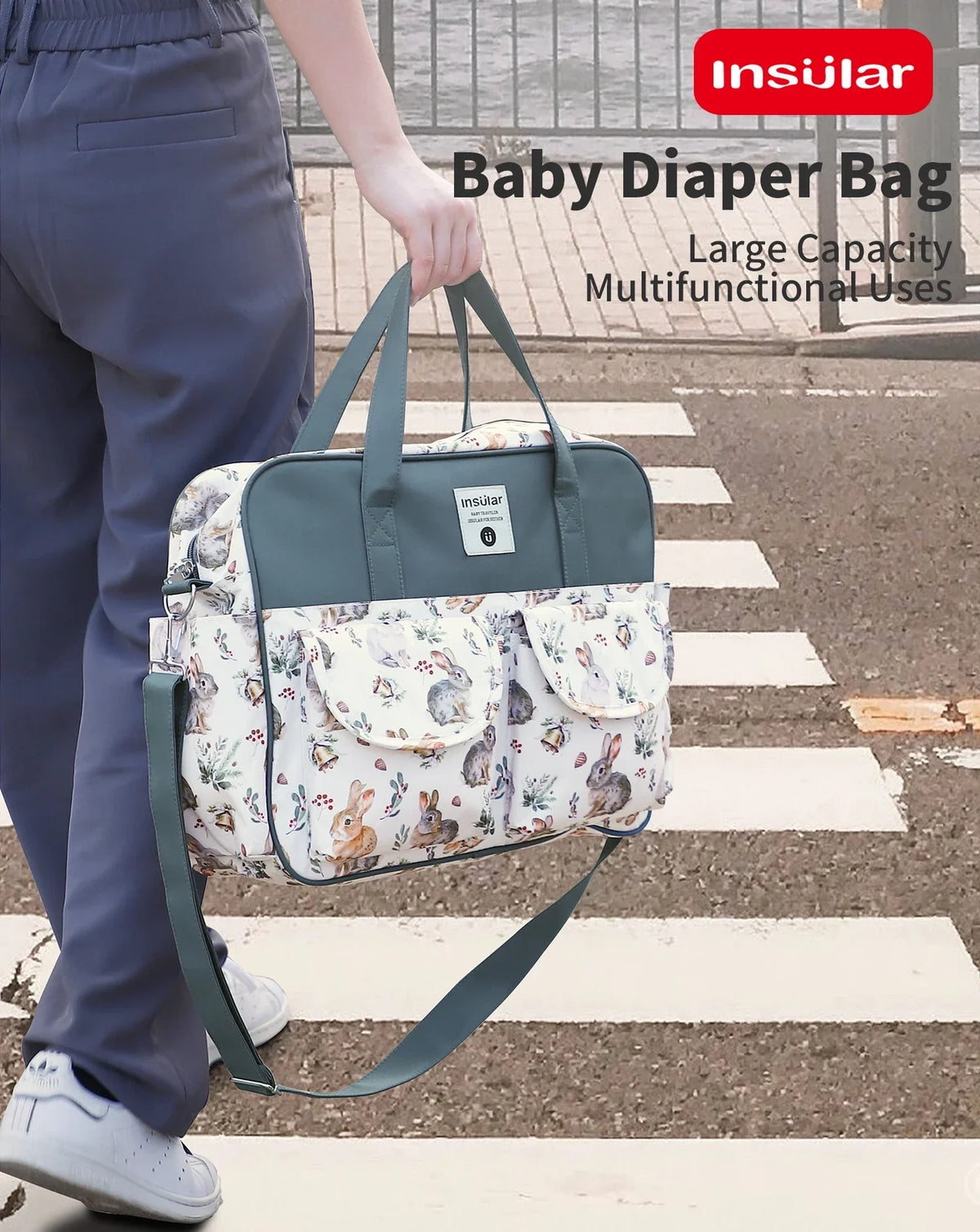 Diaper Tote Bag with Wide Opening and Printed Front Pockets, Large Capacity Baby Essentials Organizer for Moms, Travel and Everyday Outings