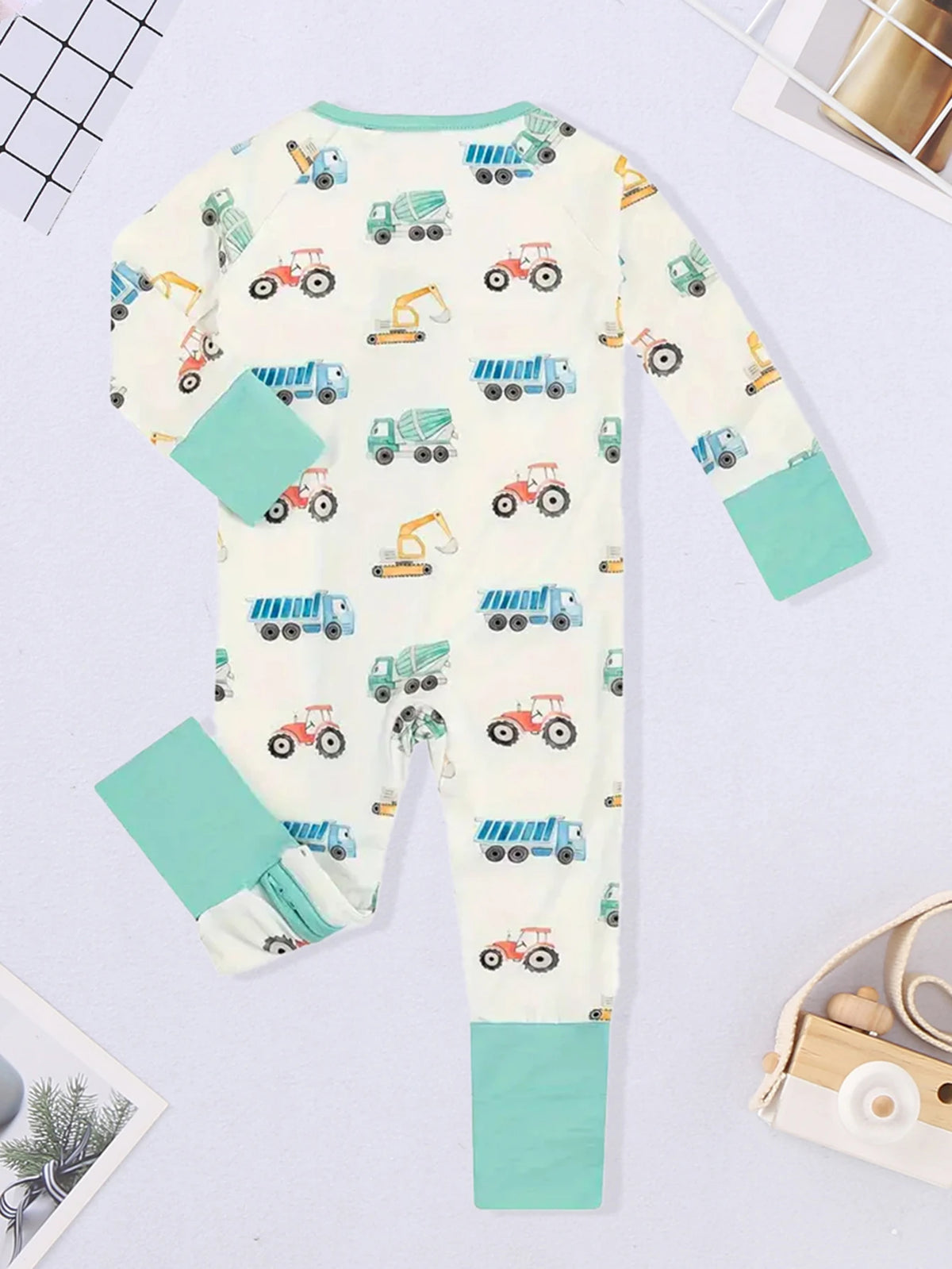 Bear Print Infant Romper with Long Sleeves and Front Fastenings, Contrast Trim and Footless Cuffs for Everyday Baby Outfits, Sizes 1-18 Months