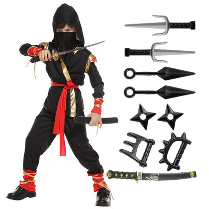 Samurai Ninja Costume for Kids with Hooded Warrior Styling and Toy Accessory Options for Halloween Parties, Cosplay and School Performances