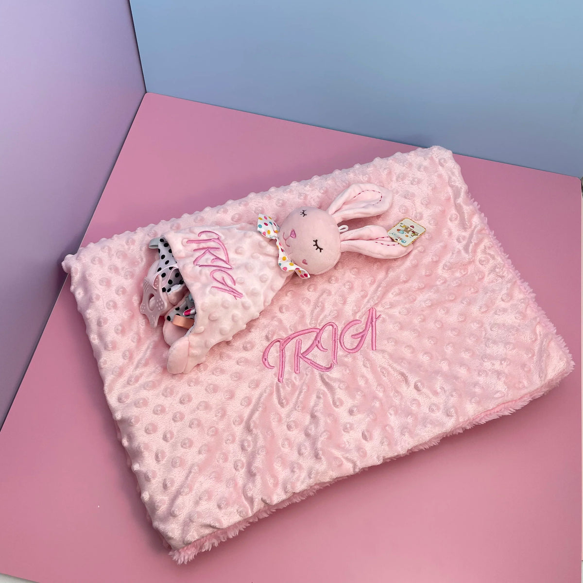 Embroidered Name Baby Blanket and Animal Comforter Options, Personalized Minky Bubble-Texture Keepsake with Single-Item and Two-Piece Gift Choices
