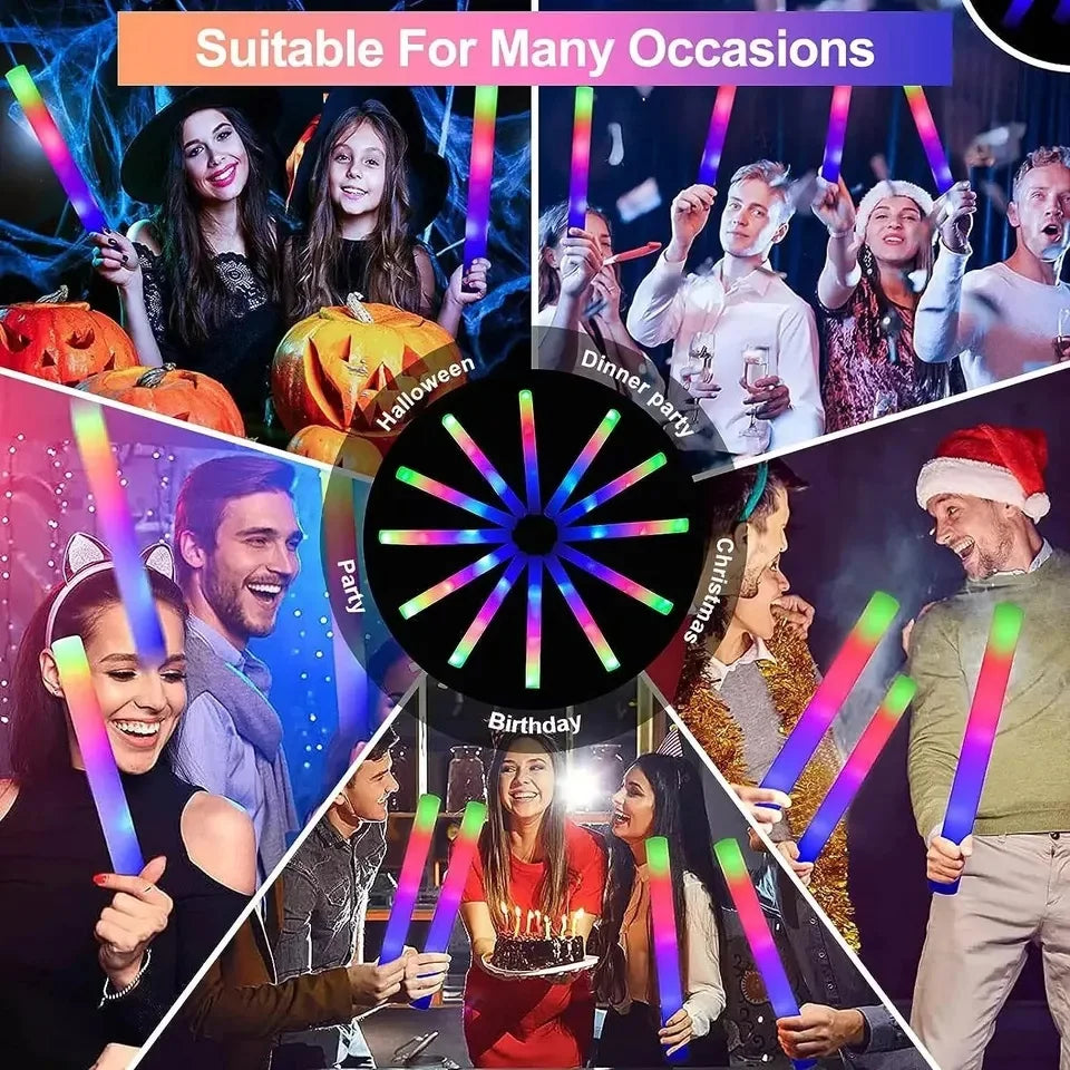 Bulk RGB LED Glow Sticks, 100-Pack Light-Up Foam Cheer Tubes with 3 Flashing Modes and Included Batteries for Weddings, Birthdays and Christmas Parties