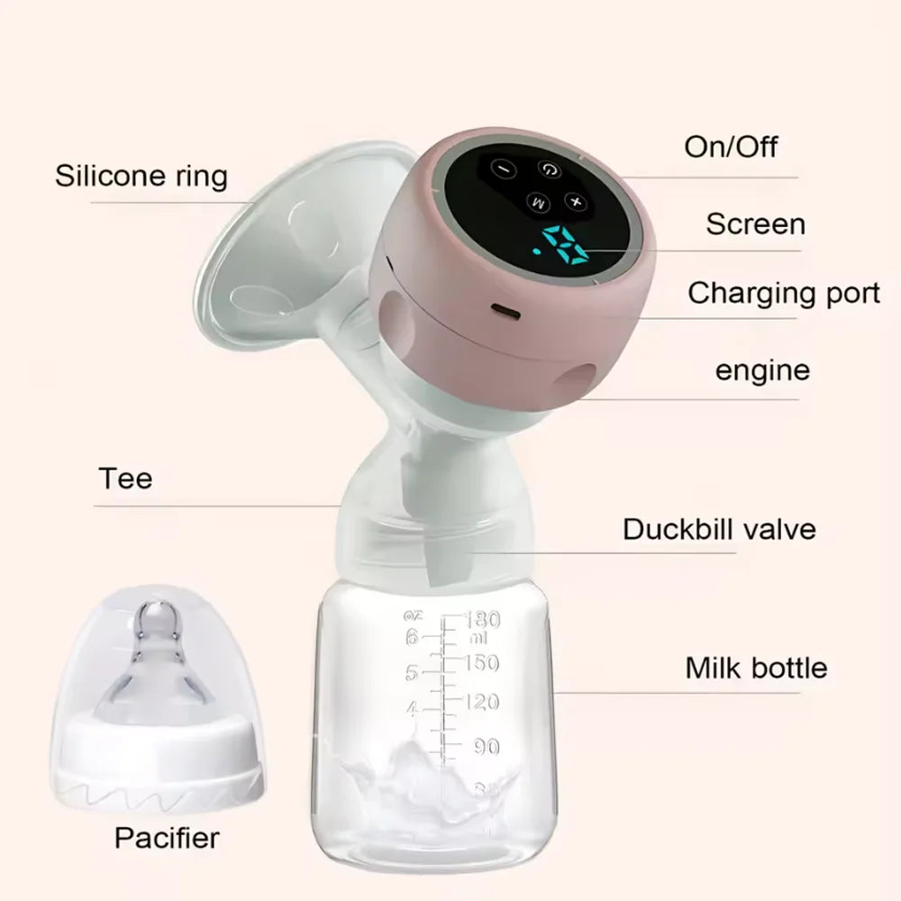 Single Electric Breast Pump in Pink with Integrated Bottle Design, Digital Control Panel, Charging Cable and Accessories for Nursing Moms