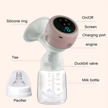 Single Electric Breast Pump in Pink with Integrated Bottle Design, Digital Control Panel, Charging Cable and Accessories for Nursing Moms