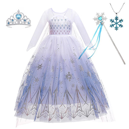 White Snowflake Princess Dress for Girls with Sheer Long Sleeves and Flowing Mesh Skirt, Snow Queen Costume for Birthdays and Halloween