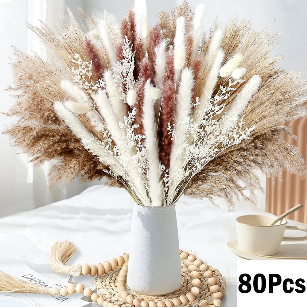 Dried Pampas Grass Bouquet, Natural Decorative Flowers and Bunny Tail Grass for Boho Vase Styling, Home Displays, Weddings and Party Decor