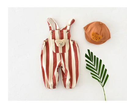 Baby Bear Patch Overalls with Red Stripe or Beige MINI Print, Button Shoulder Straps and Snap Legs, Loose-Fit Infant Jumpsuit for Boys and Girls