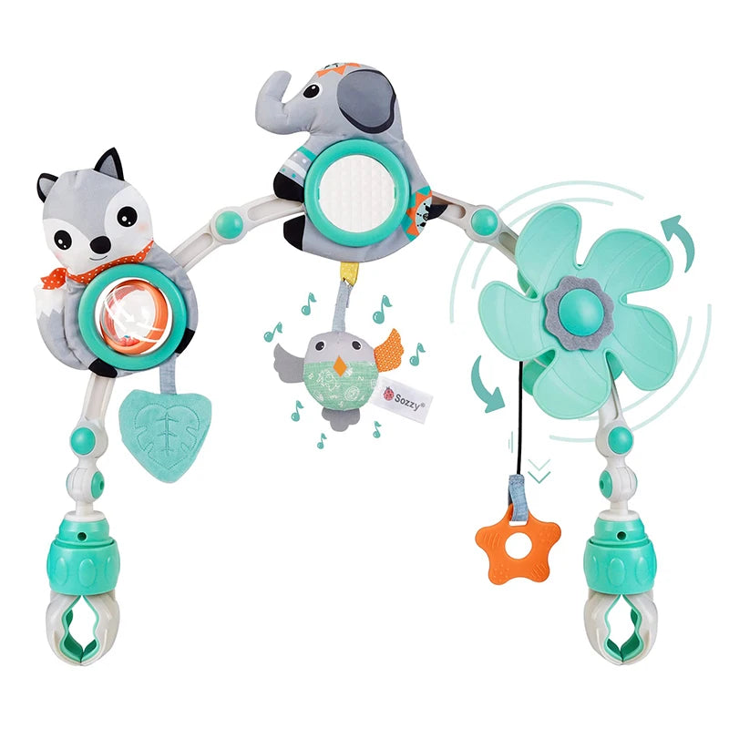 Musical Baby Toy Arch with Animal Rattle, Mirror and Spinning Windmill, Foldable Clip-On Sensory Activity Bar for Compatible Strollers
