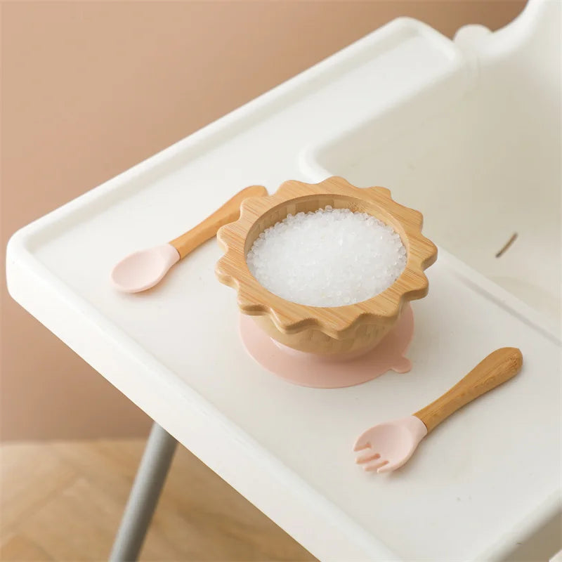 Bamboo Baby Suction Bowl and Tableware Options, Sun, Cloud and Dinosaur Designs with Single-Piece or 3-Piece Wooden-Handle Utensil Sets