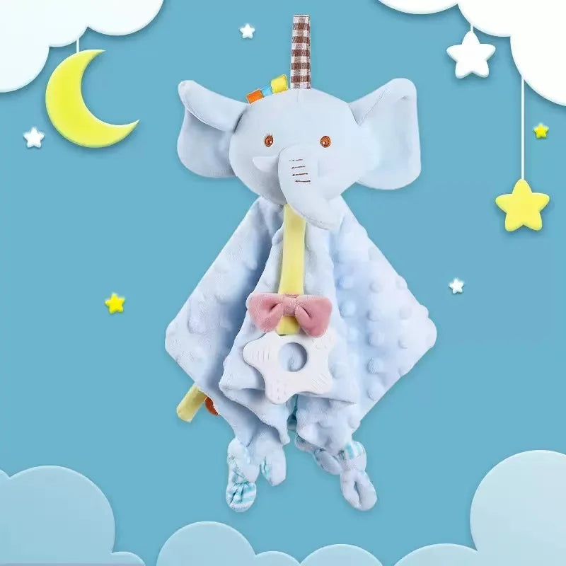 Bunny Lovey Blanket with Star-Shaped Teether, Textured Plush Rabbit Comforter and Colorful Ribbon Tags for Supervised Baby Play and Shower Gifts