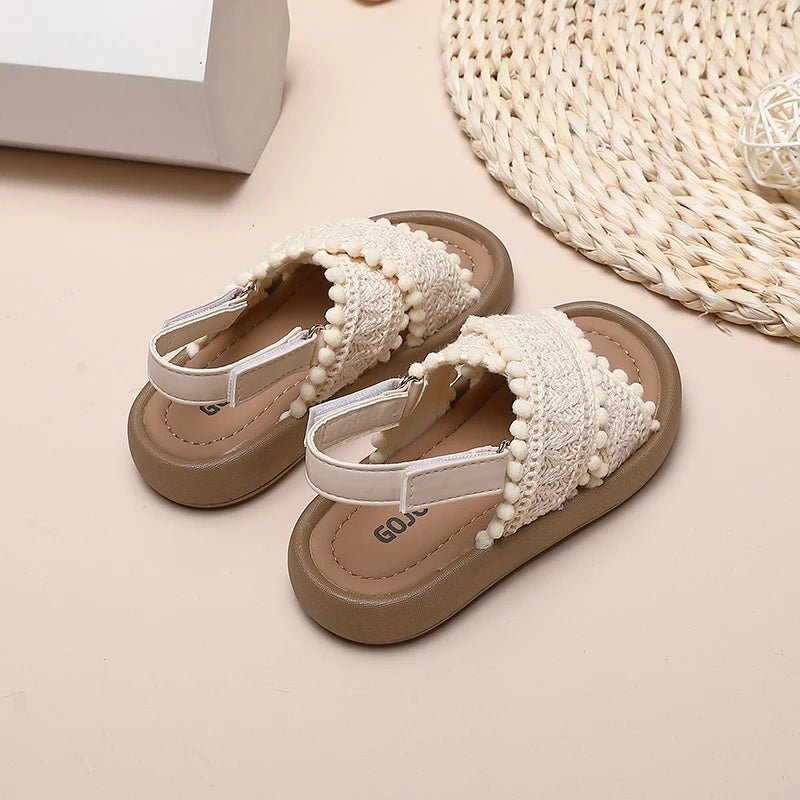 Girls Cross Strap Sandals with Textured Trim and Open Toe Design, Brown or Beige Retro Summer Shoes for Casual Outfits and Vacation Photos