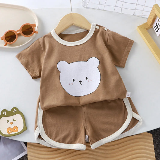 Baby Cotton T-Shirt and Shorts Set with Cartoon Prints, Two-Piece Summer Outfit for Boys and Girls, Casual Infant and Toddler Clothing