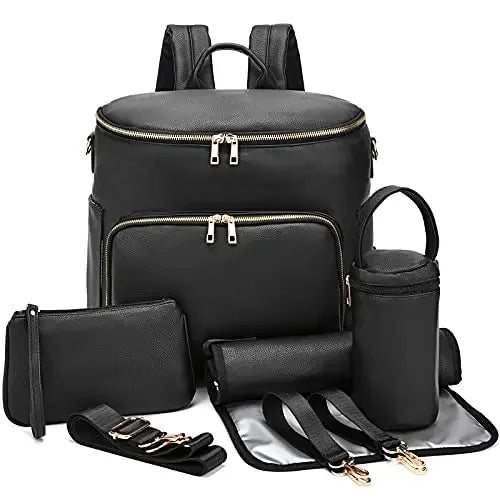 Convertible Diaper Backpack in PU Leather with Changing Pad, 11 Storage Pockets, Insulated Bottle Pockets and Shoulder Straps for Parents