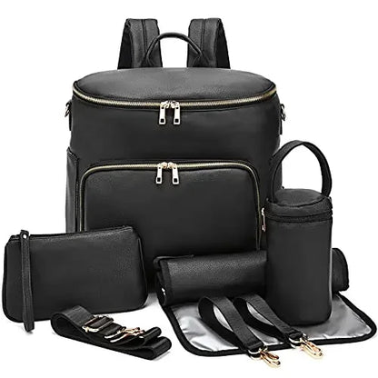 Convertible Diaper Backpack in PU Leather with Changing Pad, 11 Storage Pockets, Insulated Bottle Pockets and Shoulder Straps for Parents