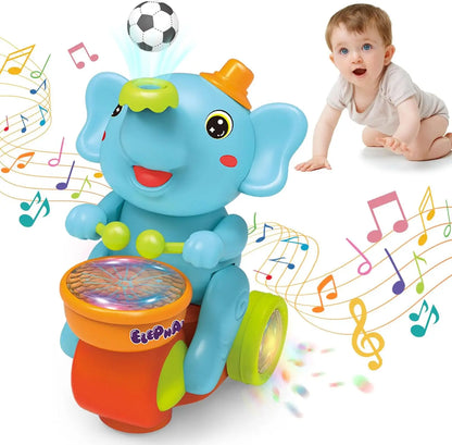 Musical Elephant Crawling Toy with Walking Action, Floating Ball, LED Lights and Drum Sounds for Supervised Baby Floor Play and Gifts