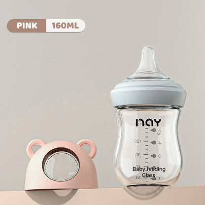 Glass Baby Feeding Bottle, Borosilicate Milk Bottle with Silicone Nipple and Bottom Air Return Valve, 80 mL, 160 mL and 240 mL Infant Options