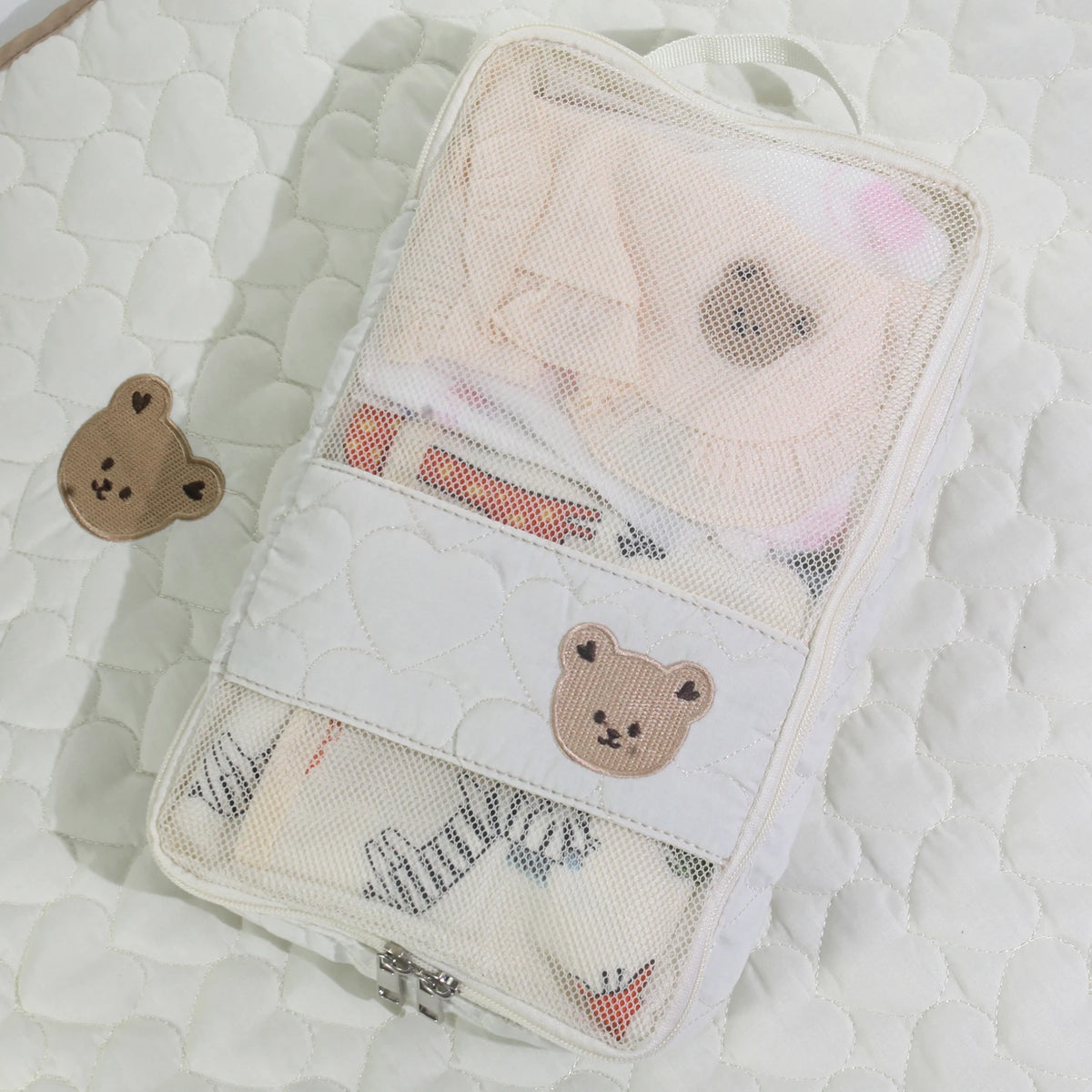 Diaper Organizer Bag with Mesh Front and White Bear Detail, Portable Zip Pouch for Baby Clothes, Changing Essentials and Family Travel