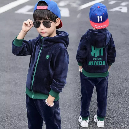 Boys Winter Tracksuit Set with Velvet-Texture Zip-Up Hooded Jacket and Matching Pants, 2-Piece Polyester Outfit for Ages 3-10