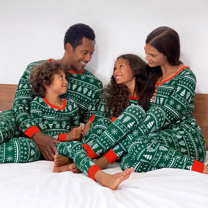 Matching Christmas Pajamas for Family, Festive Allover Print Mom Dad Kids Two-Piece Outfits and Baby Romper for Holiday Photos