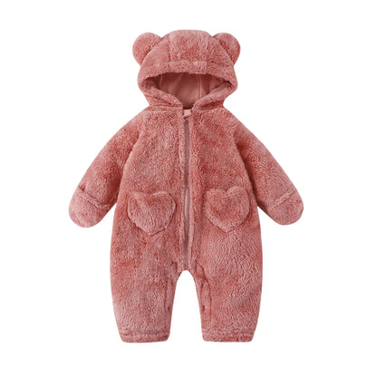 Bear Ear Baby Romper with Plush Texture and Heart Pockets, Hooded Zip Front One-Piece Outfit for Boys and Girls in Four Colors, 0-12 Months