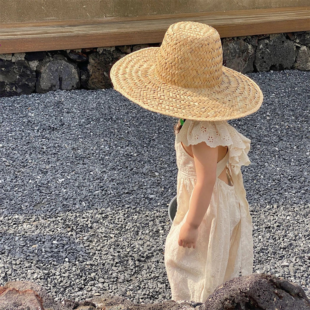 Girls Embroidered Cotton Jumpsuit in Beige with Ruffle Shoulders and Bow-Tie Open Back, Vintage Floral Summer One-Piece, Sizes 12 Months to 6 Years