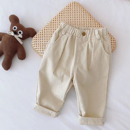 Toddler Cotton Canvas Pants with Elastic Waist and Side Pockets, Unisex Beige or Dark Gray Casual Trousers for Spring and Fall, Sizes 12M-6T