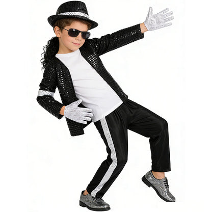 Kids Pop Star Costume with Black Sequin Jacket and Pants Set Options, Retro Dance Performance Outfit for Halloween and Parties, Sizes S-XL