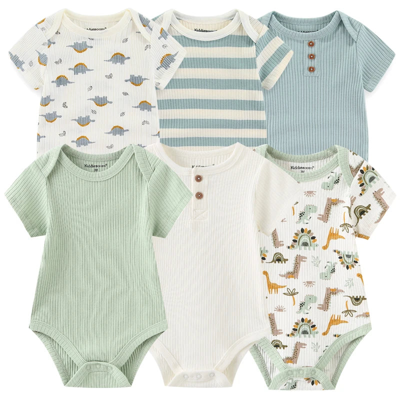 Baby Cotton Bodysuit Set, 6-Piece Short Sleeve Outfits with Envelope Shoulders and Snap Crotch for Boys and Girls, Sizes 3M-12M