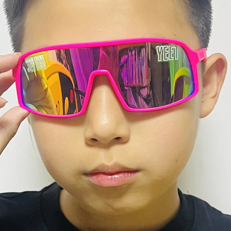 YEET Graphic Sunglasses with Jey Uso Main Event Lettering, Colorful Shield-Style Fan Shades in Children's and Adult Options for Party Outfits