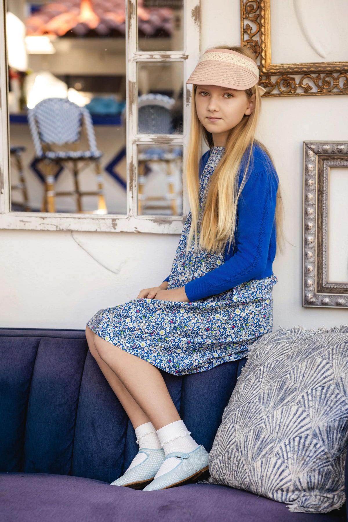 Blue Floral Sibling Outfits with Smocked Girls Dress and Baby Romper Options, Coordinating Boys Knit Tops, Polo and Shorts for Family Photos