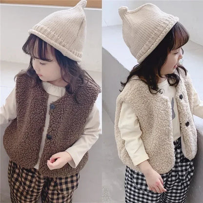 Toddler Faux Fur Vest with V-Neck and Button Front, Plush Sleeveless Waistcoat for Boys and Girls Ages 1-6, Fall and Winter Layering