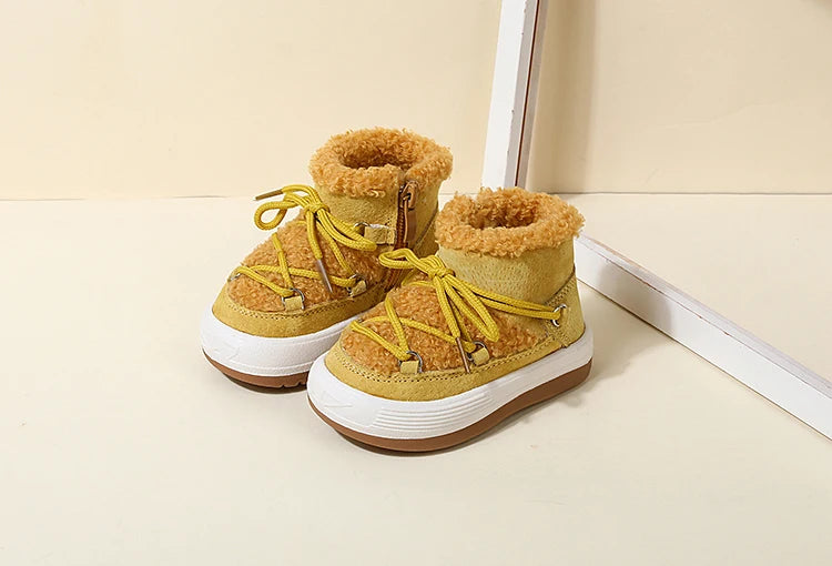 Toddler Plush Ankle Boots with Lace-Up Front, Rubber Soles and Fluffy Trim for Boys and Girls, Beige Black or Pink Cool-Weather Shoes