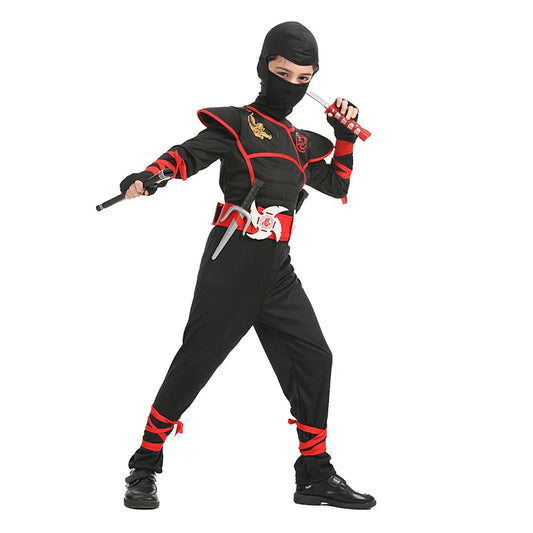 Children’s Ninja Warrior Costume with Hooded Shirt, Pants and Toy Accessory Options, Polyester Dress-Up Outfit for Halloween Parties and School Plays
