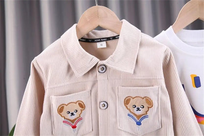 Toddler Bear Pocket Outfit Set, Two-Piece Button-Front Collared Jacket and Matching Pants for Boys and Girls, Blue or Khaki, 12-18M to 5T
