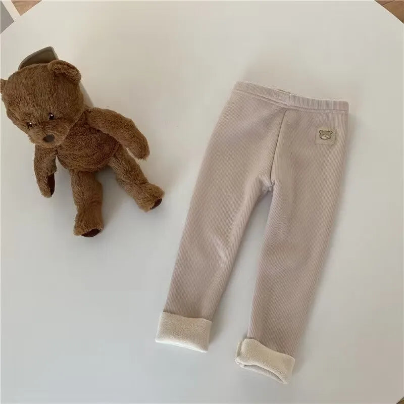 Fleece Lined Leggings for Toddler Girls with Bear Patch, Slim Fit Polyester Pants in Four Neutral Colors, Sizes 12M and 2T–6T for Fall Layering
