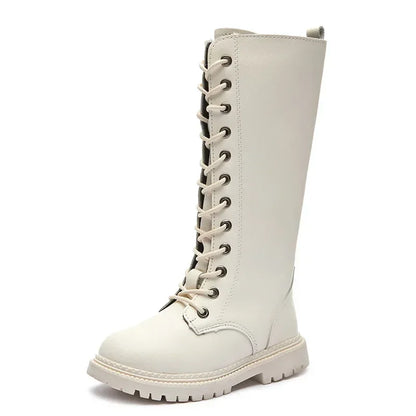 Lace-Up Knee-High Boots for Girls with Side Zippers and Chunky Soles, Black or Beige Motorcycle-Inspired Tall Fashion Shoes, Sizes 27–37
