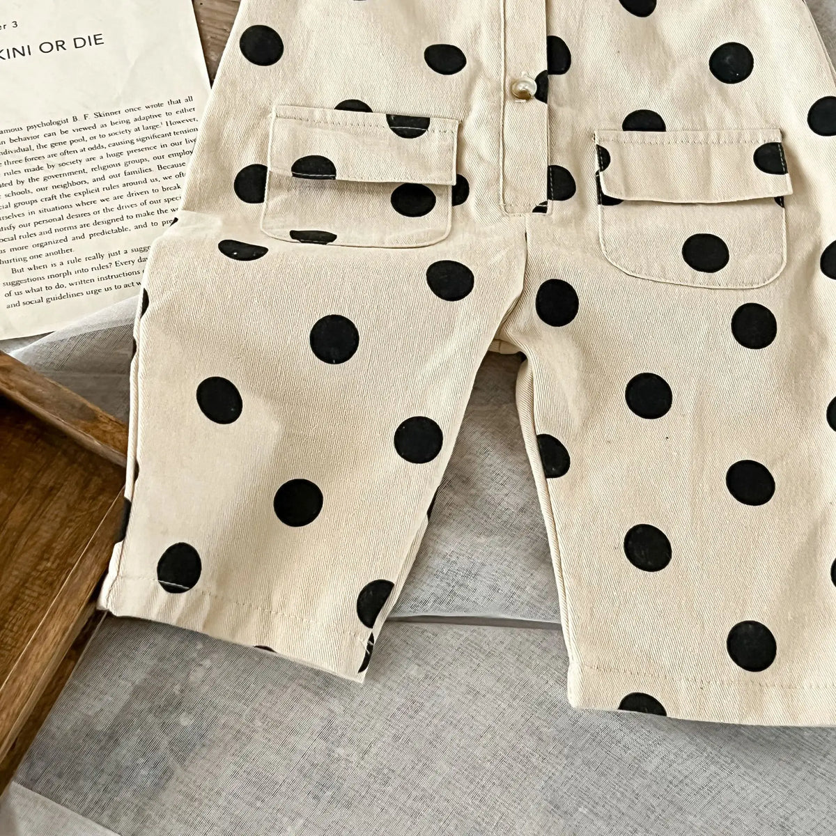 Polka Dot Baby Jumpsuit in Beige with Black Spots, Sleeveless Button-Front One-Piece with Flap Pockets for Infant Girls Everyday Outfits