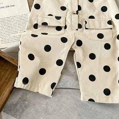 Polka Dot Baby Jumpsuit in Beige with Black Spots, Sleeveless Button-Front One-Piece with Flap Pockets for Infant Girls Everyday Outfits