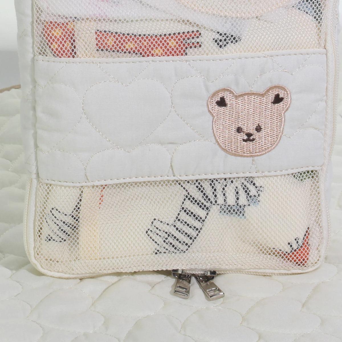 Diaper Organizer Bag with Mesh Front and White Bear Detail, Portable Zip Pouch for Baby Clothes, Changing Essentials and Family Travel