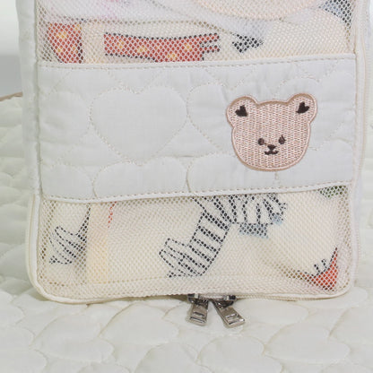 Diaper Organizer Bag with Mesh Front and White Bear Detail, Portable Zip Pouch for Baby Clothes, Changing Essentials and Family Travel
