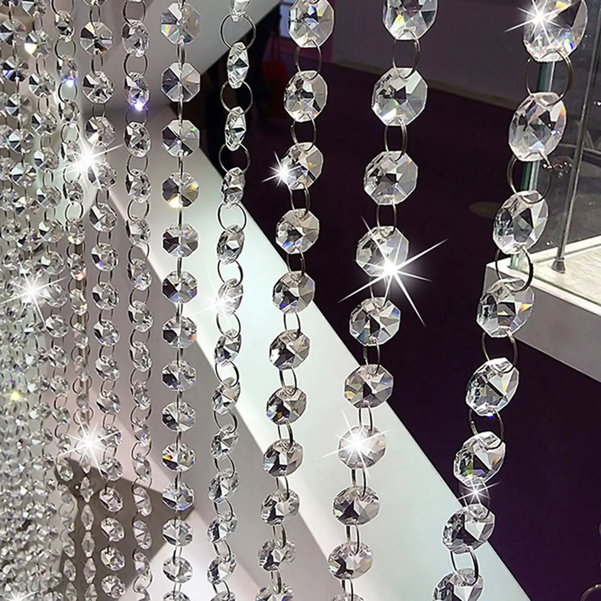 Clear Acrylic Bead Garland Strands with 14mm Octagon Gems and Adjustable Rings, Hanging Crystal-Look Chains for Wedding, Birthday and Holiday Decor