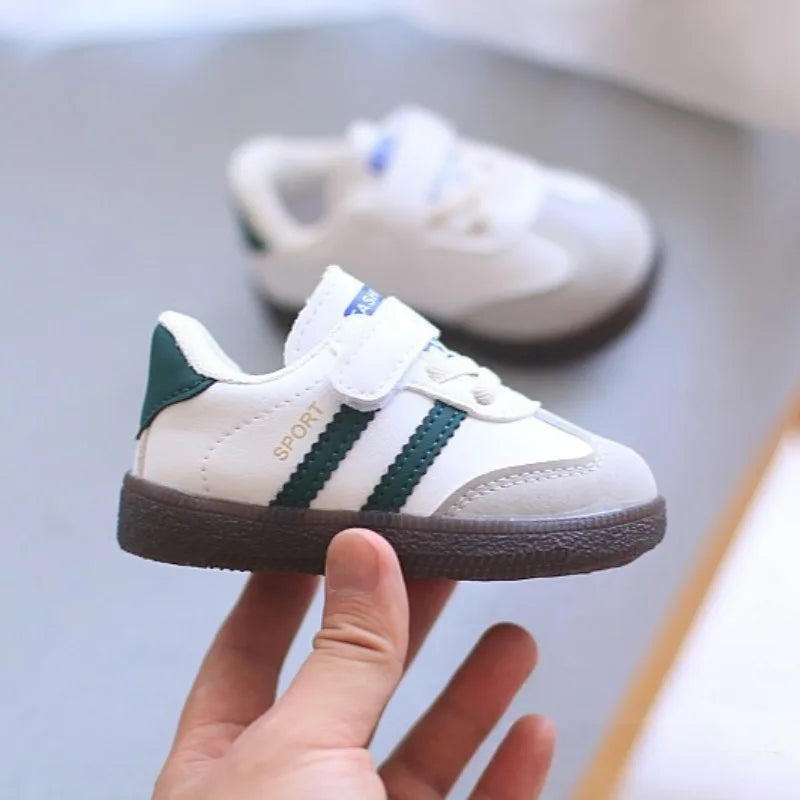 Toddler Twin Stripe Strap Sneakers with Faux PU Uppers and Lace Details, Black, Beige or Green Casual Shoes for Boys and Girls, 11.8-16 cm Inner Lengths