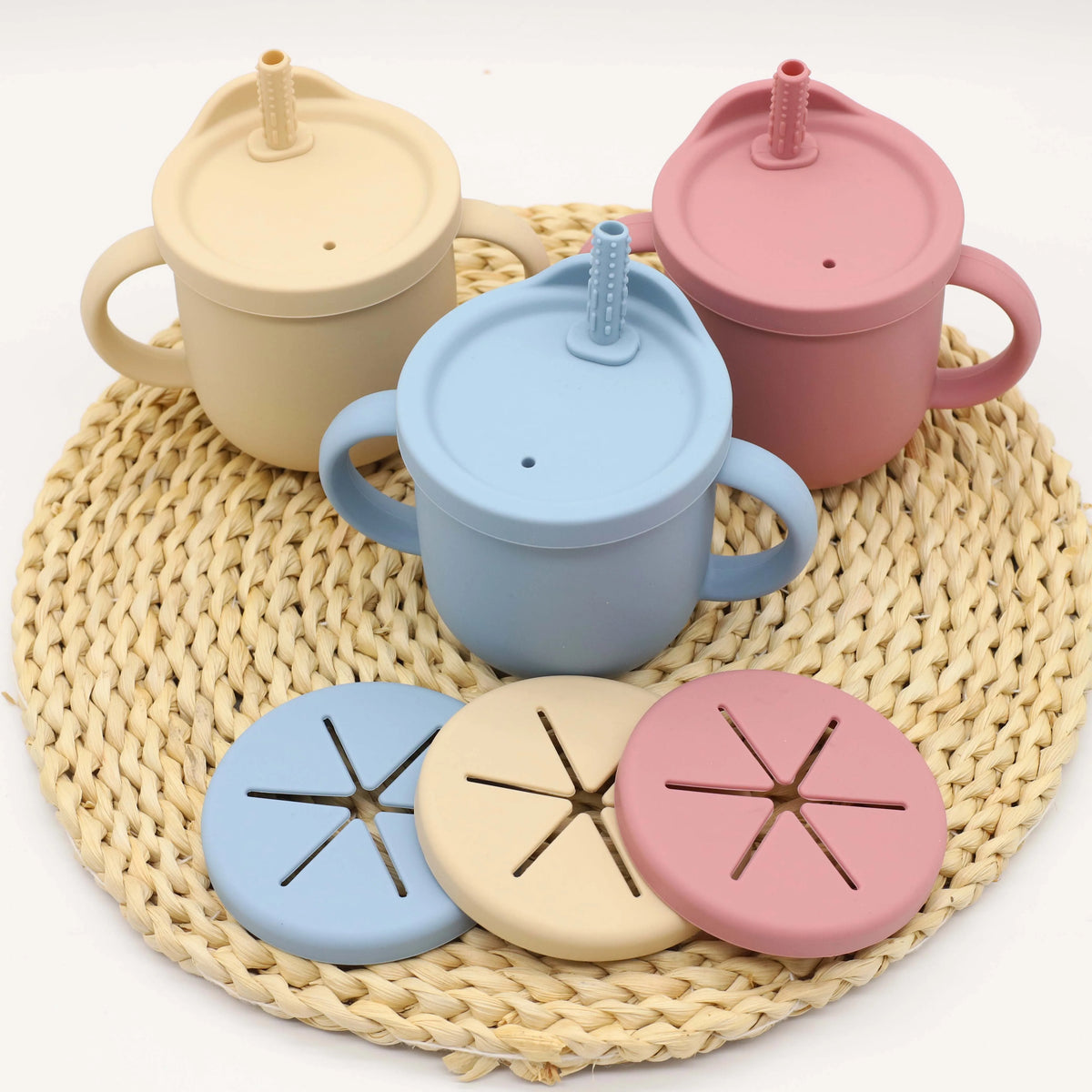 Baby Silicone Tableware Set, 9-Piece Mealtime Collection with Divided Plate, Suction Bowl, Pocket Bib, 2-in-1 Cup and Utensils in Four Colors