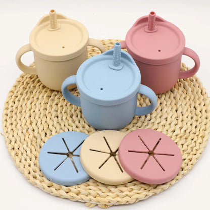 Baby Silicone Tableware Set, 9-Piece Mealtime Collection with Divided Plate, Suction Bowl, Pocket Bib, 2-in-1 Cup and Utensils in Four Colors