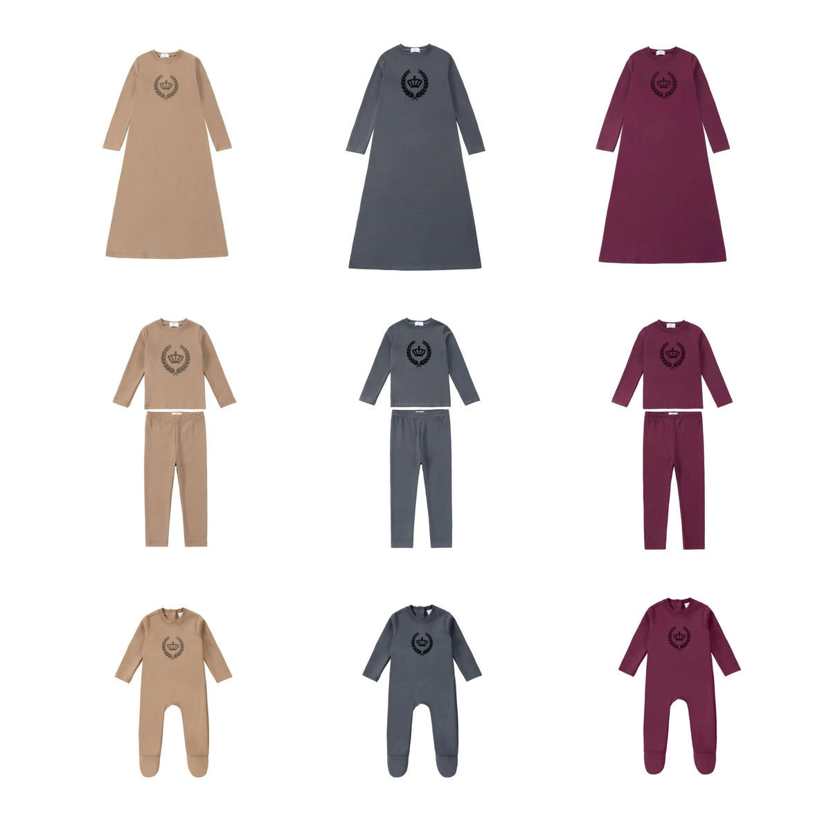 Royal Crown Kids Matching Outfits in Cotton Jersey with Velvet Crown Prints, Long-Sleeve Top and Pants or Dress Styles for Sibling Photos