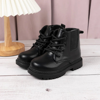 Kids PU Leather Combat Ankle Boots with Lace-Up Front, Side Zipper and Black Chunky Soles, Boys and Girls Fall Winter Shoes in Sizes 21-30